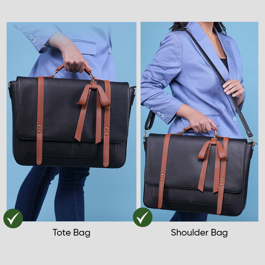 HORRA 14 Inch Breifcase Messenger Laptop Bag For Women Office with Bow - Black| Laptop Handbag for Work| For College| Latest Stylish Ladies Laptop Handbag|Vegan Leather Handbag | Daily & Travel Use |