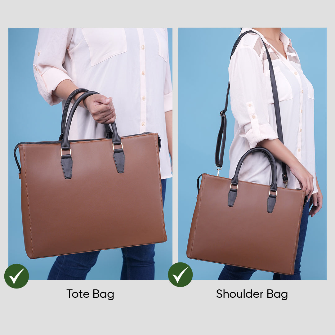 HORRA 14 Inch Laptop Tote Bag For Women Office use With Detachable Strap | Laptop Tote for Work| For College| Latest Stylish Ladies Laptop Handbag|Vegan Leather Handbag | Daily & Travel Use |