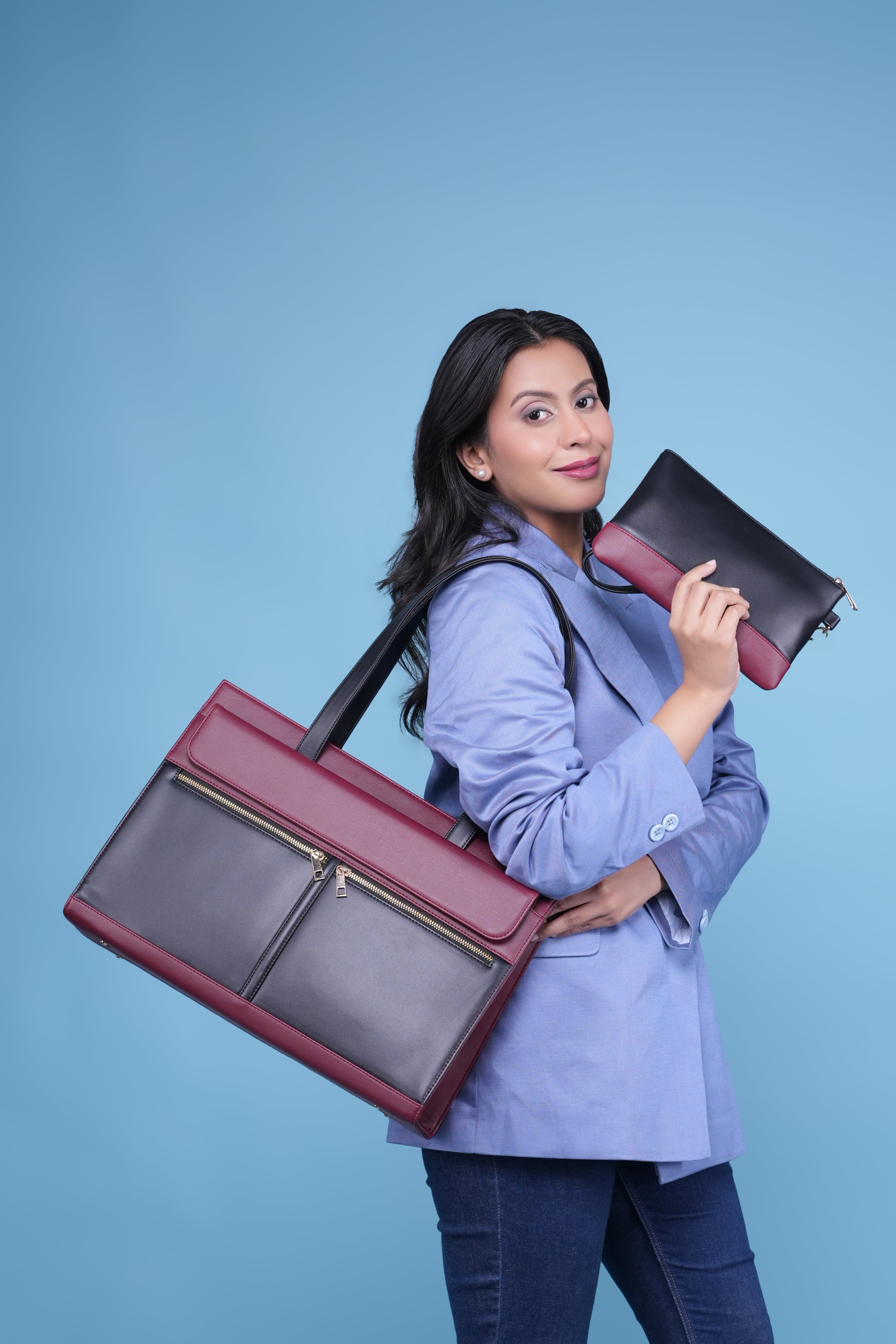 HORRA Vegan Leather 14 Inch Laptop Handbag For Women Office use- Black and Wine