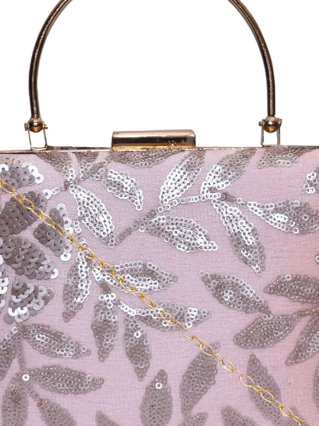 Horra Sequin Leaf Design Casual Clutch with Detachable Chain Sling Pink