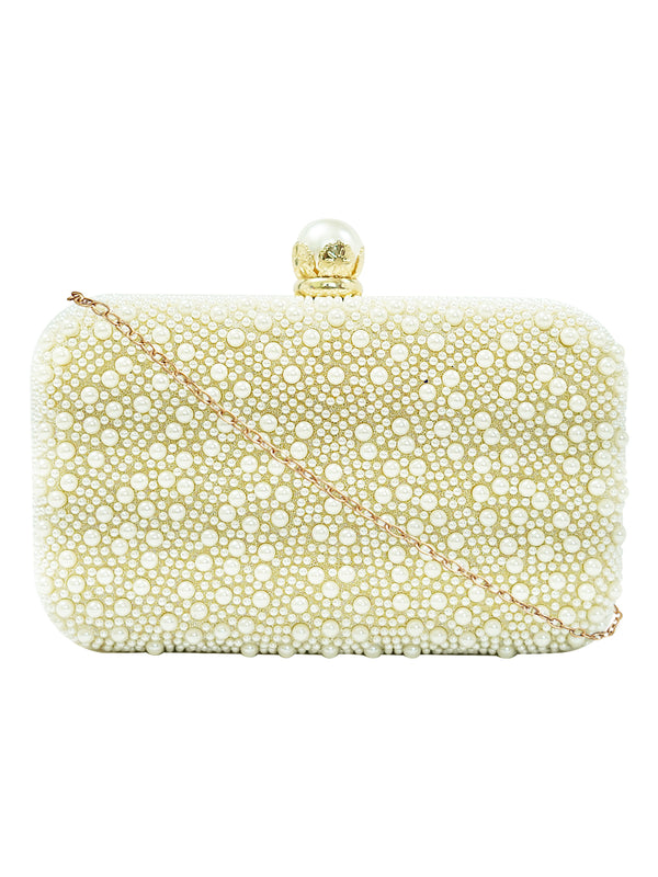 HORRA PEARL DESIGN PARTY CLUTCH WITH DETACHABLE CHAIN CREAM