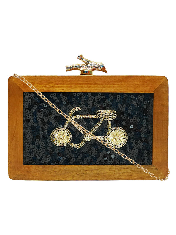 HORRA SEQUIN AND EMBROIDERY WOODEN BOX CLUTCH BLACK WITH DETACHABLE CHAIN
