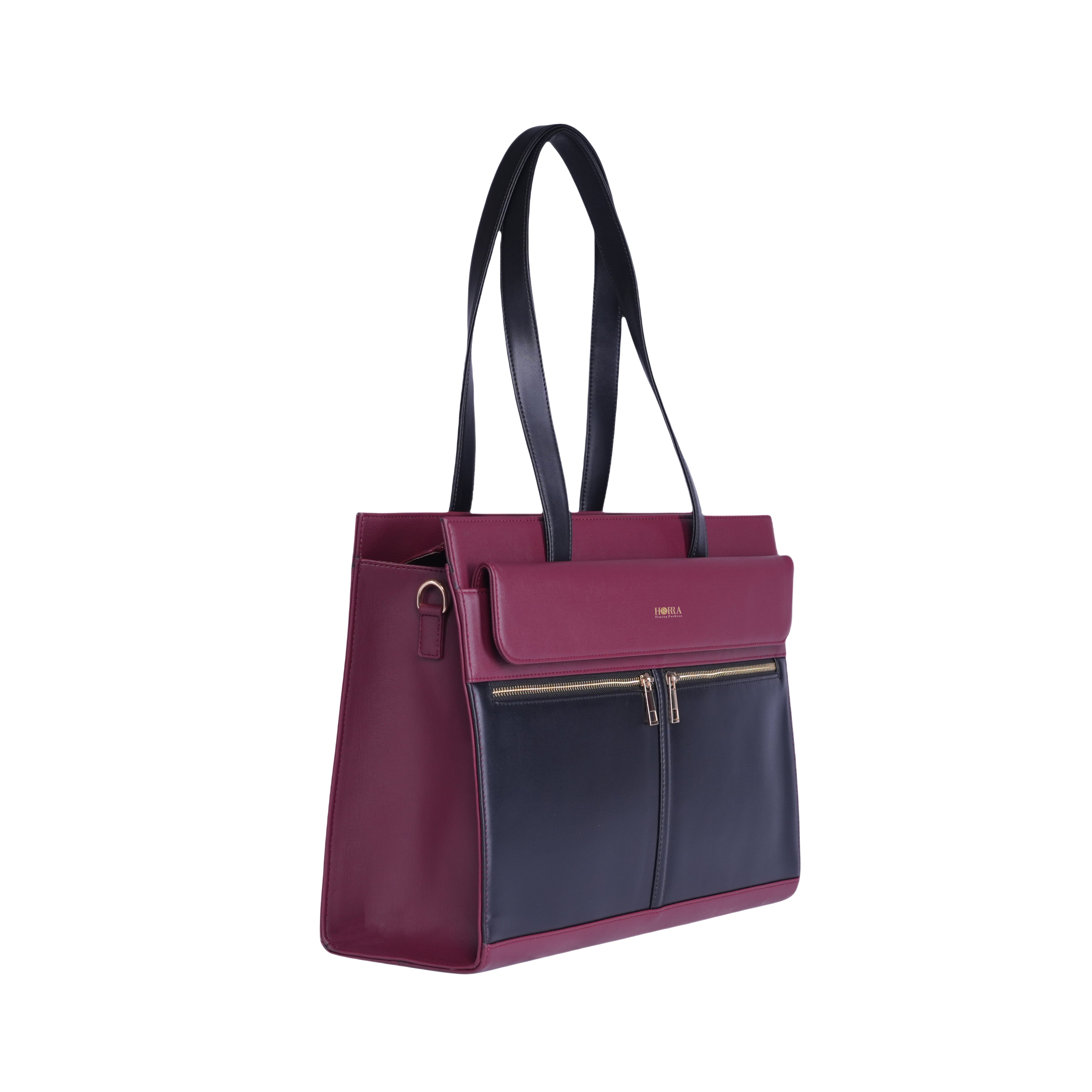 HORRA Vegan Leather 14 Inch Laptop Handbag For Women Office use- Black and Wine