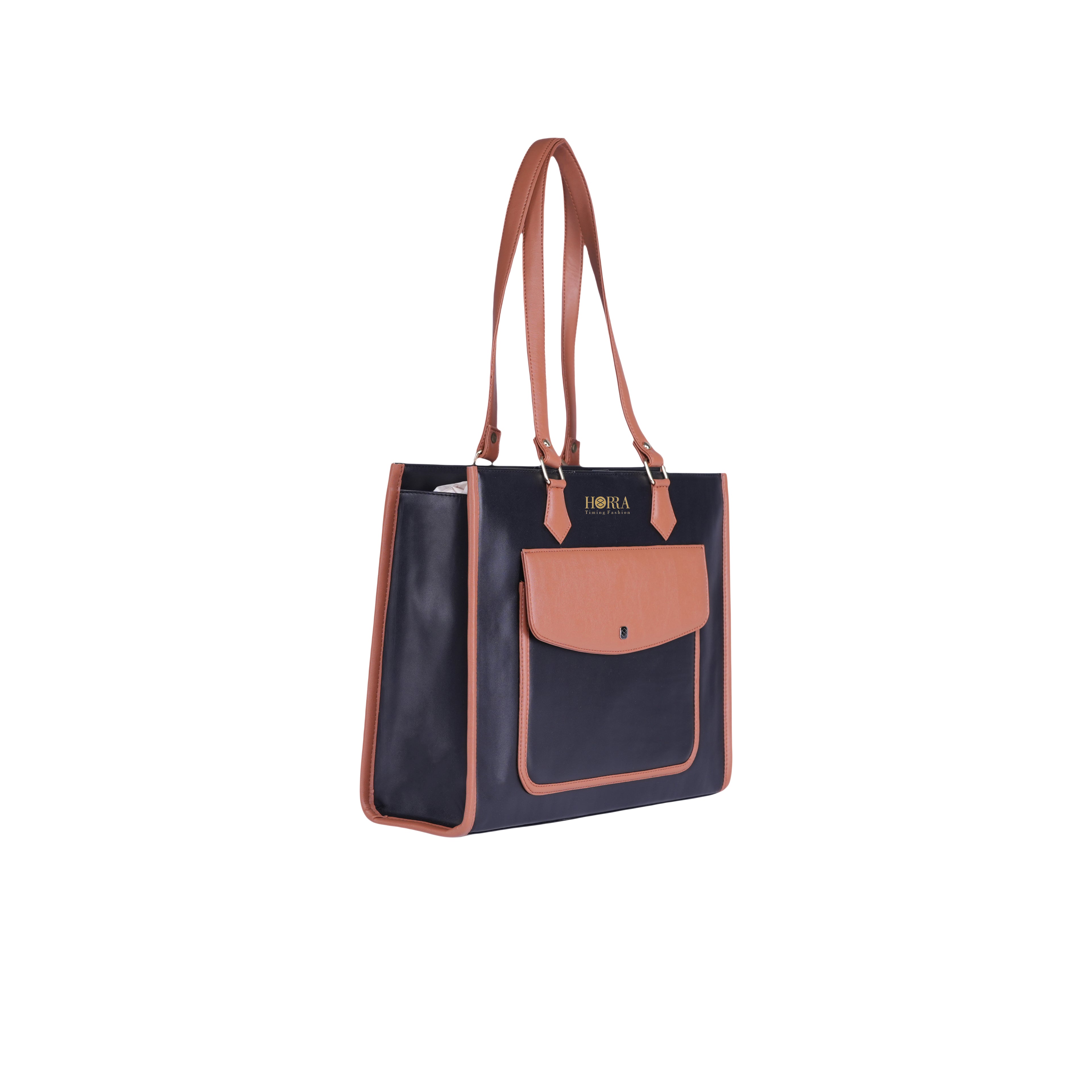 HORRA Vegan Leather Shoulder Bag For Women With External Pocket - Black | Fits 13 Inch Laptop