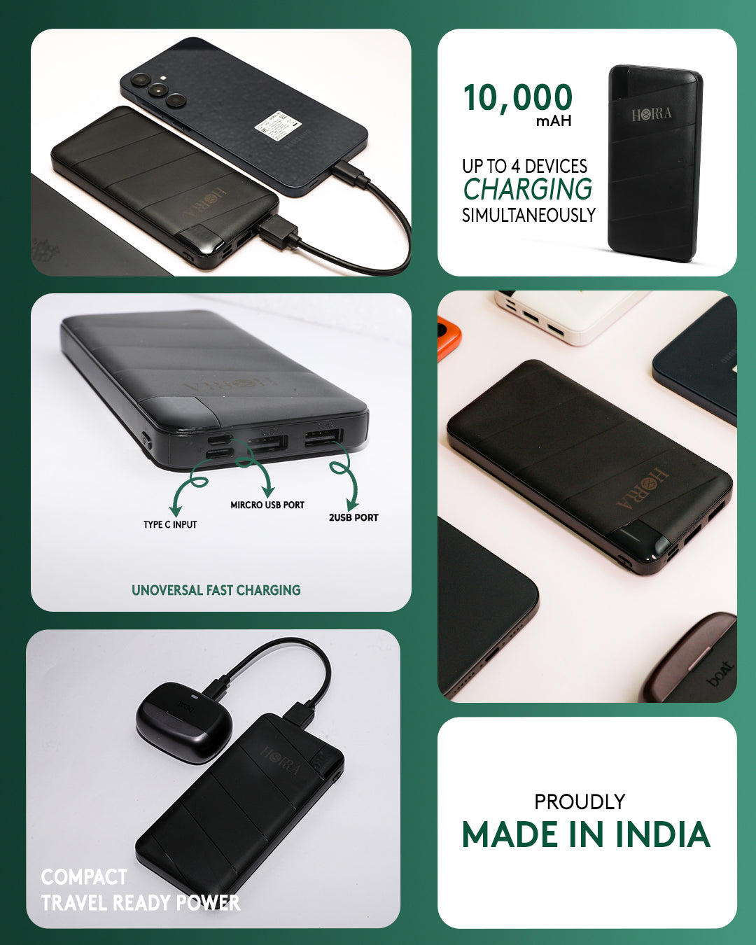 HORRA 10,000 mAH Fast Charging Compact Power Bank With Four Charging Ports