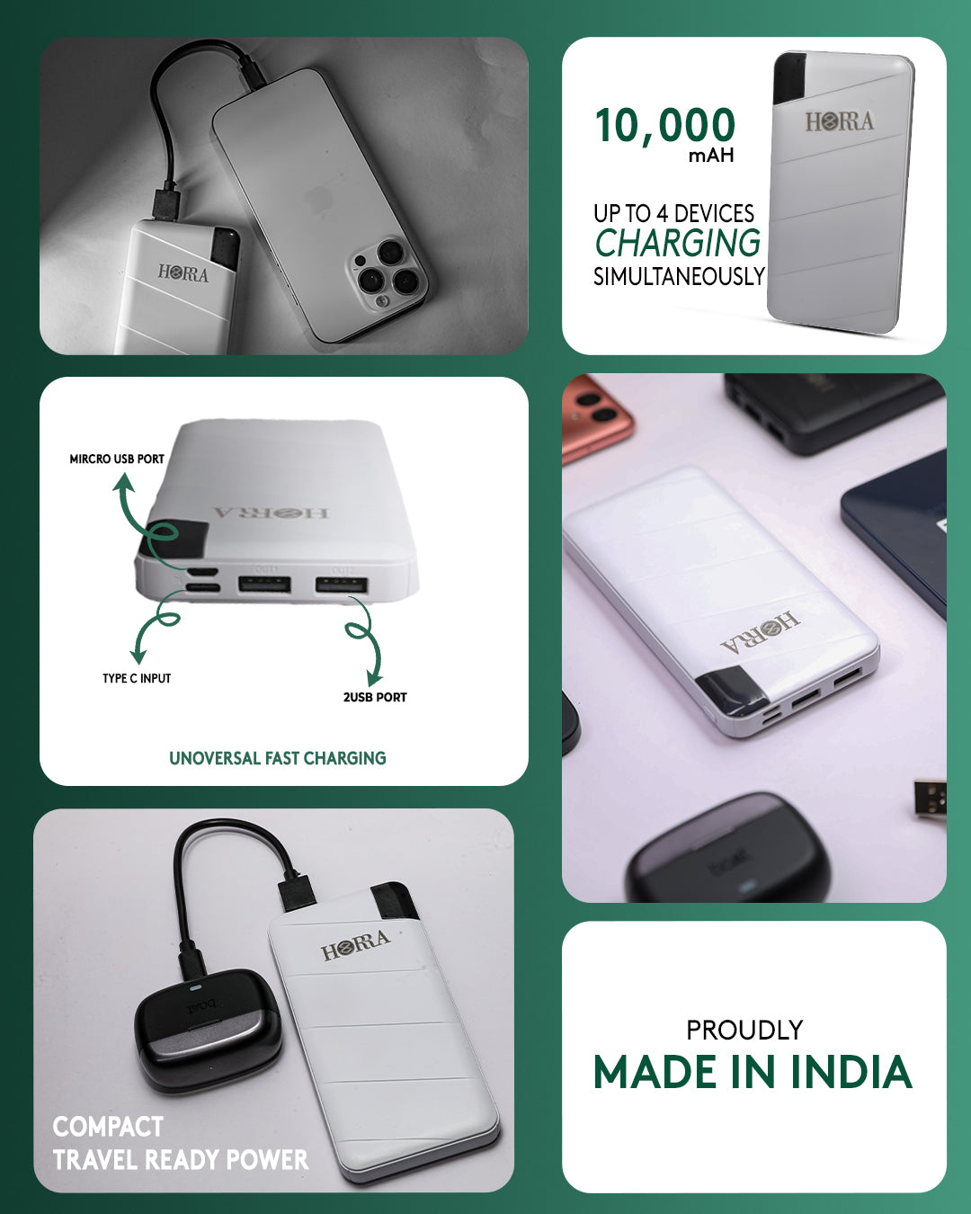 HORRA 10,000 mAH Fast Charging Compact Power Bank With Four Charging Ports