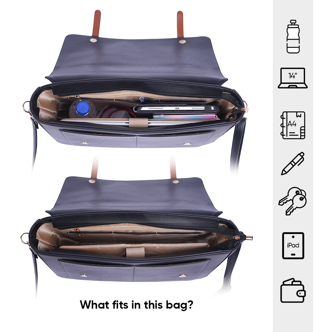 HORRA 14 Inch Breifcase Messenger Laptop Bag For Women Office with Bow - Black| Laptop Handbag for Work| For College| Latest Stylish Ladies Laptop Handbag|Vegan Leather Handbag | Daily &amp; Travel Use |