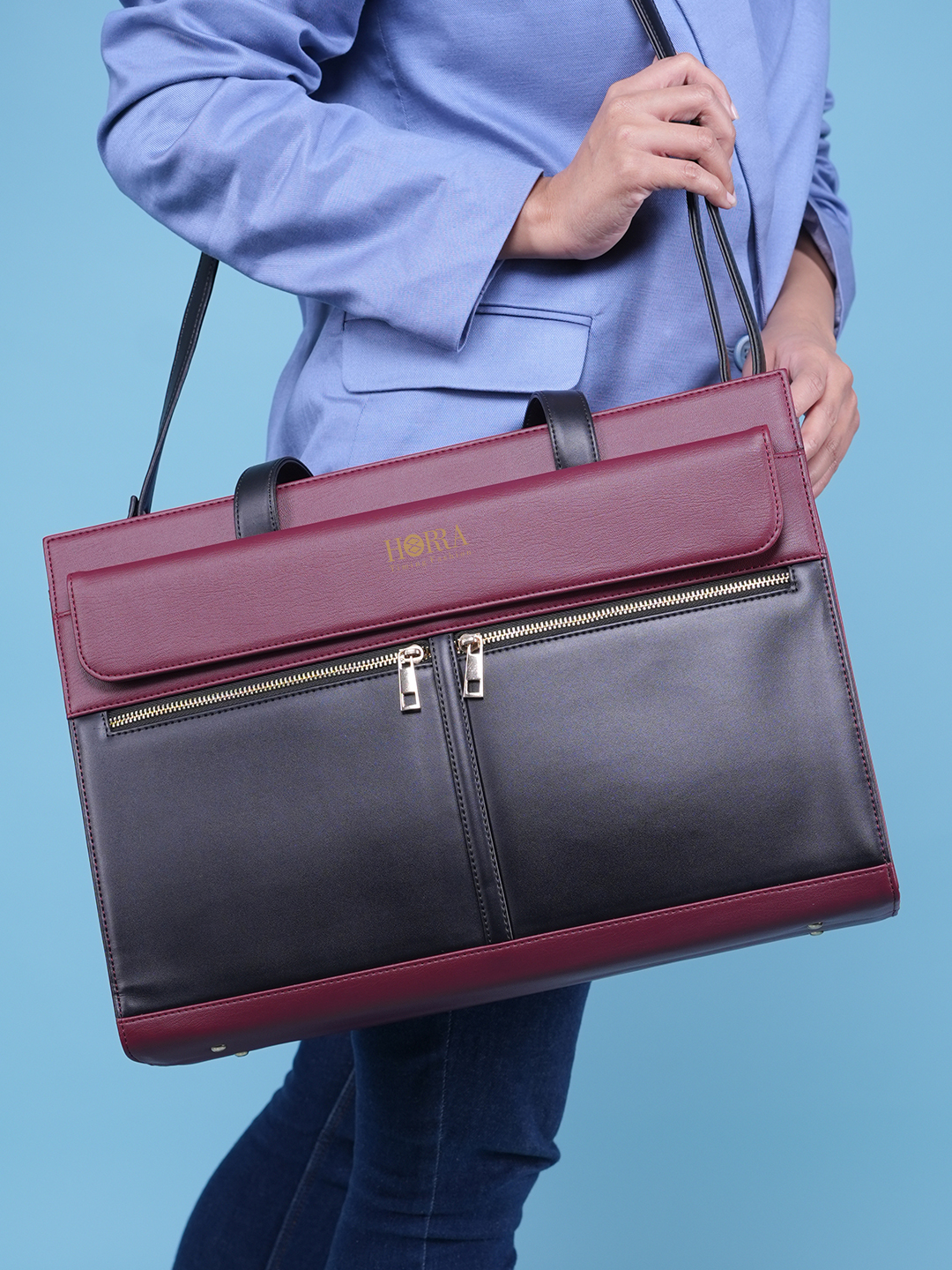 HORRA Vegan Leather 14 Inch Laptop Tote Bag For Women Office use- Black and  Wine