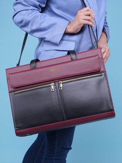 HORRA Vegan Leather 14 Inch Laptop Tote Bag For Women Office use- Black and  Wine