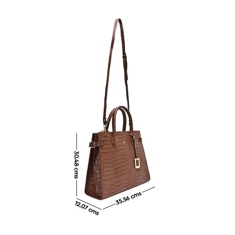 Horra Structured Croco Handbag with Detachable Sling Strap - Brown