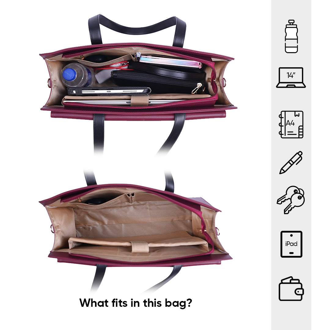 HORRA Vegan Leather 14 Inch Laptop Tote Bag For Women Office use- Black and  Wine