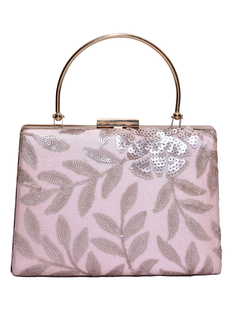 Horra Sequin Leaf Design Casual Clutch with Detachable Chain Sling Pink