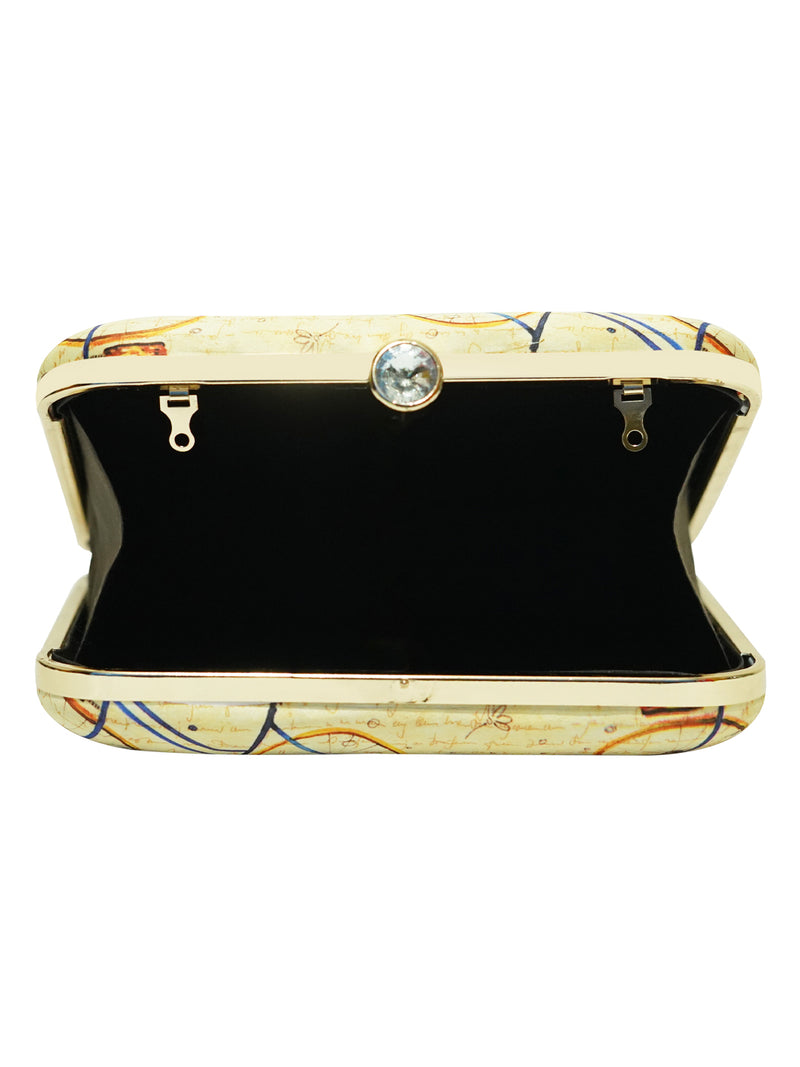 HORRA CYCLE PRINTED  BOX CLUTCH OFF WHITE WITH DETACHABLE CHAIN