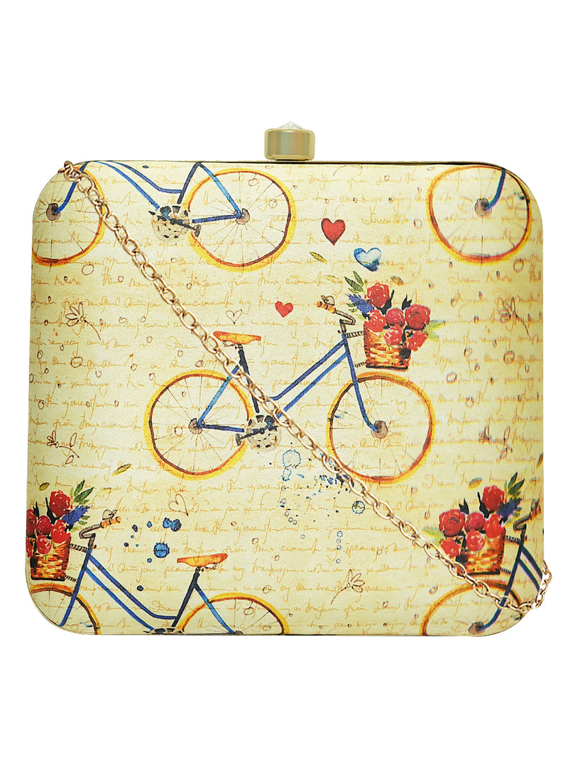 HORRA CYCLE PRINTED  BOX CLUTCH OFF WHITE WITH DETACHABLE CHAIN