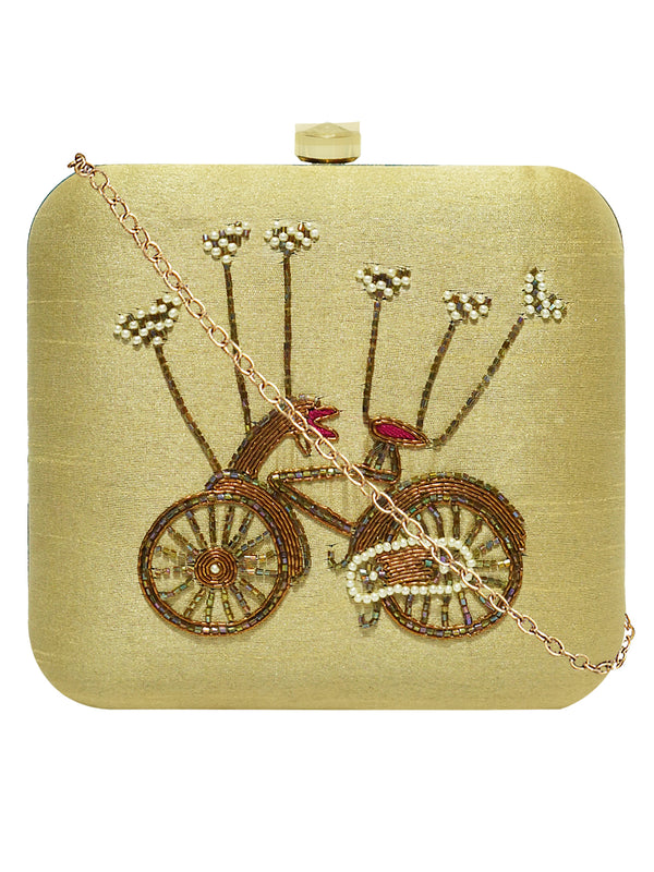 HORRA EMBROIDERED BOX CLUTCH LIGHT GOLD WITH DETACHABLE CHAIN