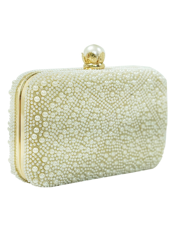HORRA PEARL DESIGN PARTY CLUTCH WITH DETACHABLE CHAIN CREAM