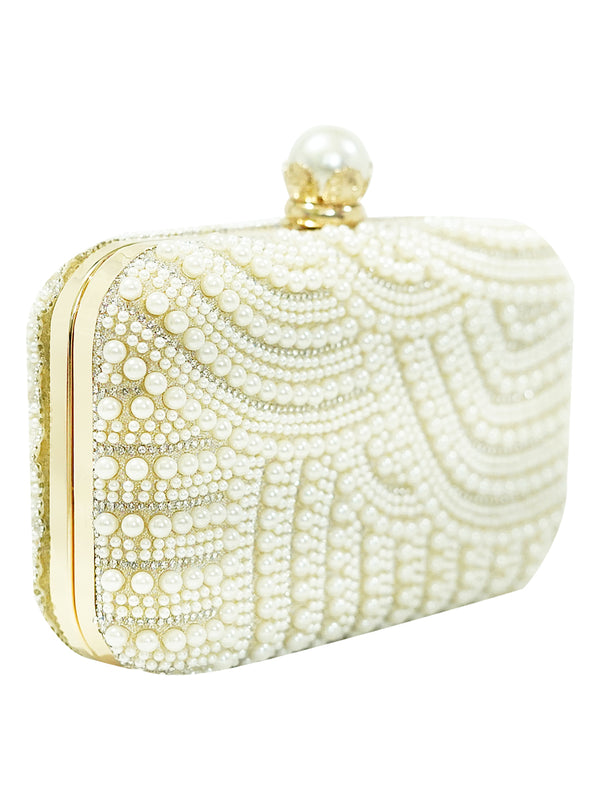 HORRA PEARL PATTERNED PARTY CLUTCH WITH DETACHABLE CHAIN CREAM