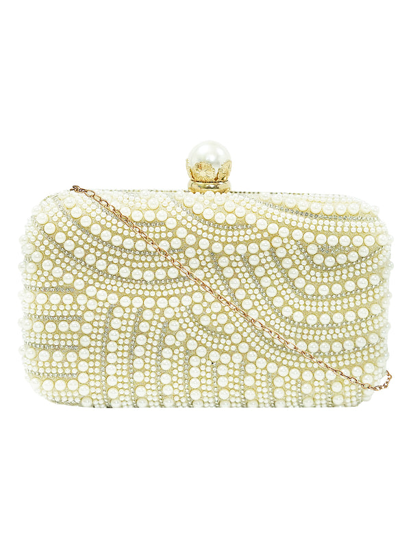 HORRA PEARL PATTERNED PARTY CLUTCH WITH DETACHABLE CHAIN CREAM