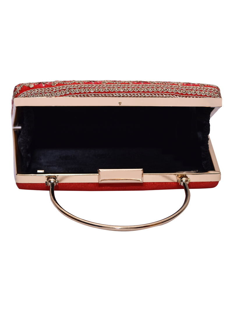 Horra Zari Work Party Clutch With Detachable chain Sling Red