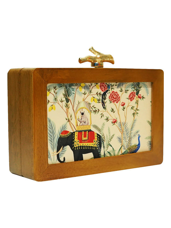 HORRA ELEPHANT PRINT WOODEN BOX CLUTCH WHITE WITH DETACHABLE CHAIN