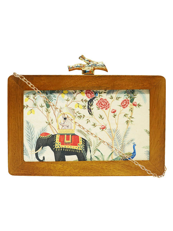 HORRA ELEPHANT PRINT WOODEN BOX CLUTCH WHITE WITH DETACHABLE CHAIN