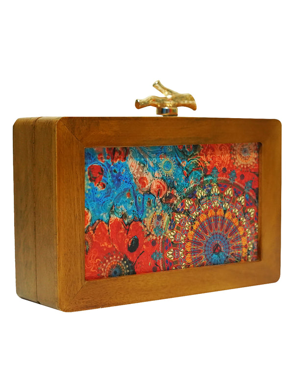 HORRA PRINTED WOODEN BOX CLUTCH BLUE WITH DETACHABLE CHAIN