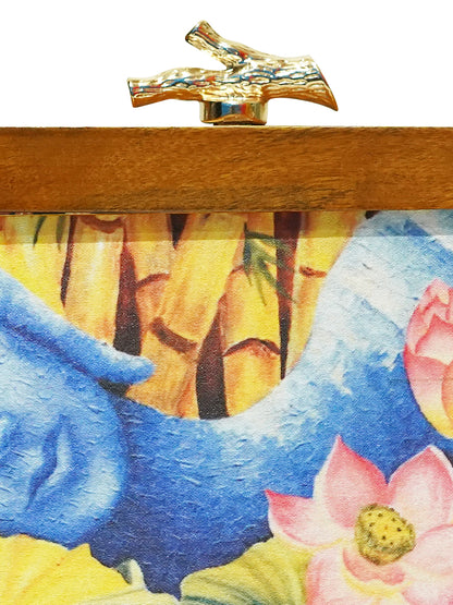 HORRA BUDDHA DESIGN PRINTED WOODEN BOX CLUTCH SKY BLUE WITH DETACHABLE CHAIN