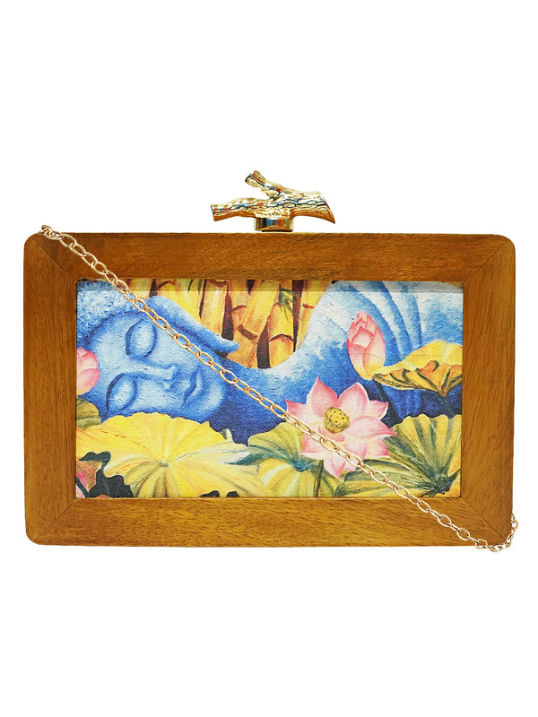 HORRA BUDDHA DESIGN PRINTED WOODEN BOX CLUTCH SKY BLUE WITH DETACHABLE CHAIN