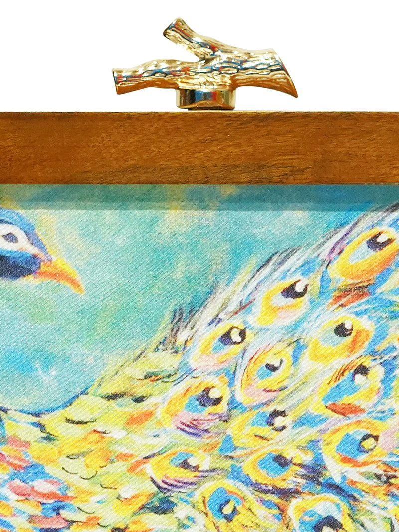 HORRA PEACOCK PRINT WOODEN BOX CLUTCH GREEN WITH DETACHABLE CHAIN