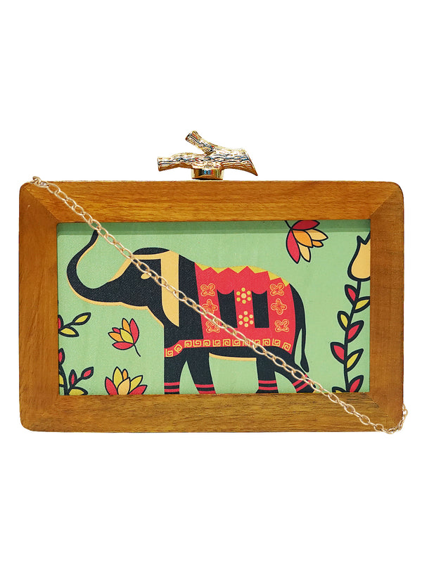 HORRA ELEPHANT PRINTED WOODEN BOX CLUTCH TURQUOISE WITH DETACHABLE CHAIN