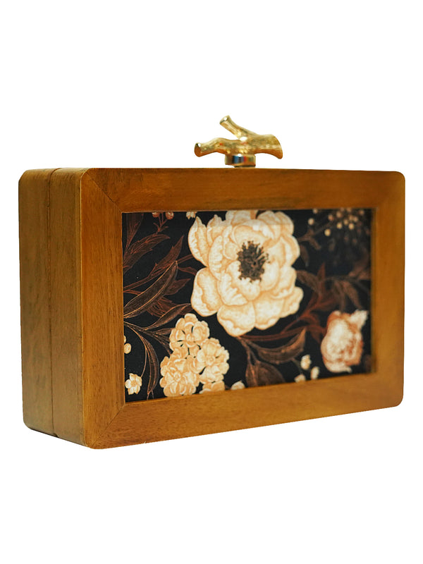 HORRA FLORAL PRINT WOODEN BOX CLUTCH BROWN WITH DETACHABLE CHAIN