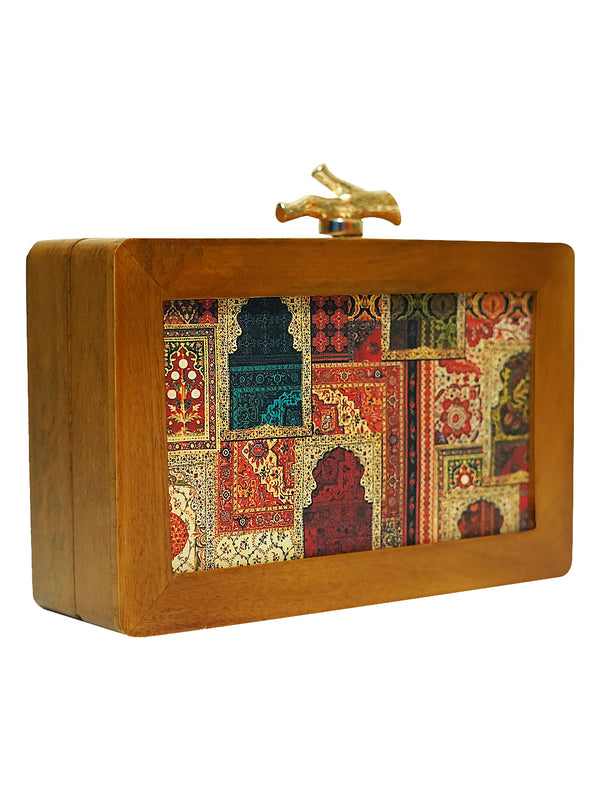 HORRA PRINTED WOODEN BOX CLUTCH MULTICOLOR WITH DETACHABLE CHAIN