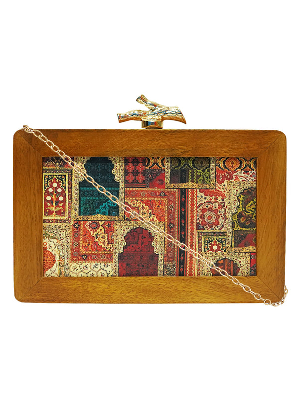 HORRA PRINTED WOODEN BOX CLUTCH MULTICOLOR WITH DETACHABLE CHAIN