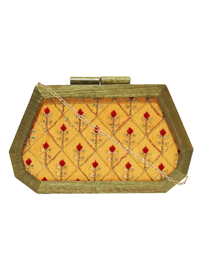 HORRA ZARI WORK WOODEN BOX CLUTCH MAROON WITH DETACHABLE CHAIN