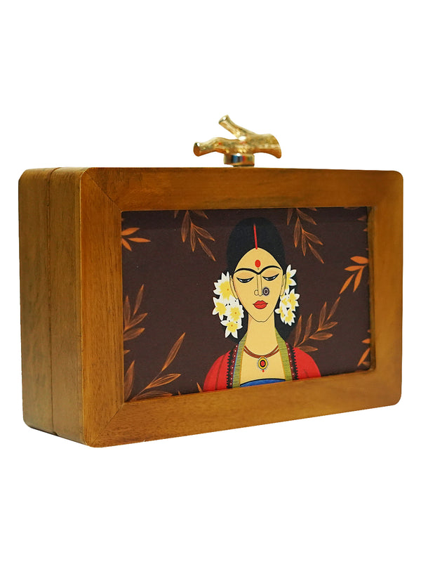 HORRA PRINTED WOODEN BOX CLUTCH MAROON WITH DETACHABLE CHAIN