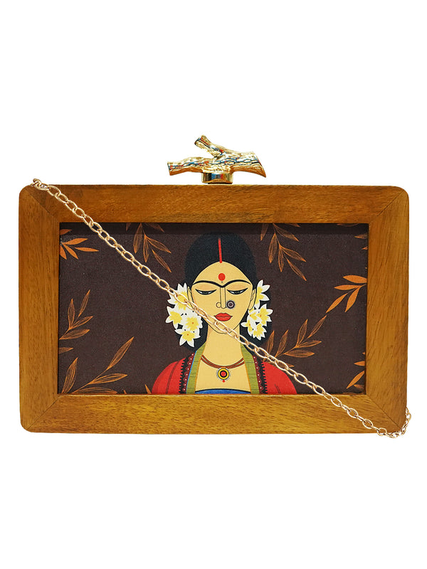 HORRA PRINTED WOODEN BOX CLUTCH MAROON WITH DETACHABLE CHAIN