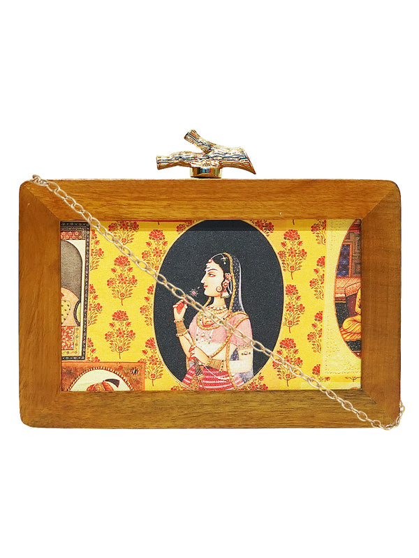 HORRA QUEEN PRINT WOODEN BOX CLUTCH YELLOW WITH DETACHABLE CHAIN