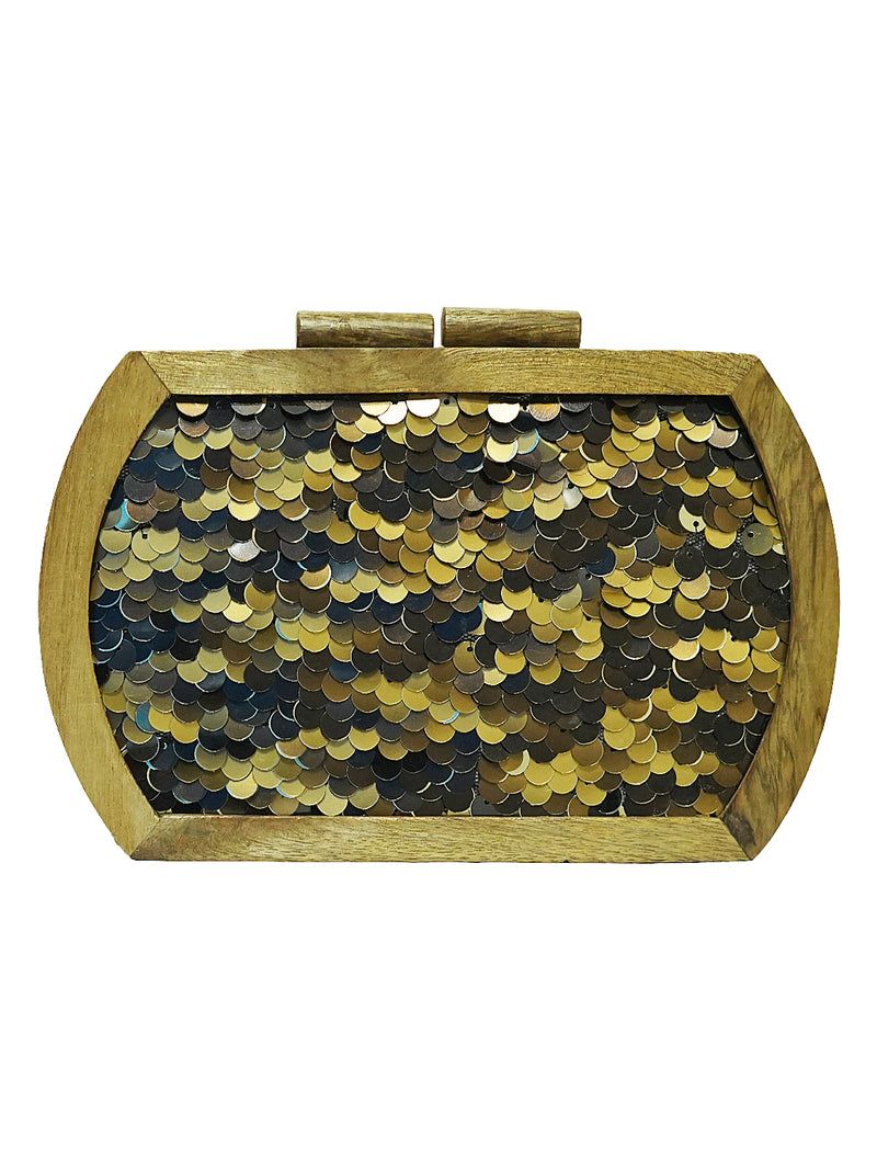 HORRA SEQUIN WORK WOODEN BOX CLUTCH GOLD WITH DETACHABLE CHAIN