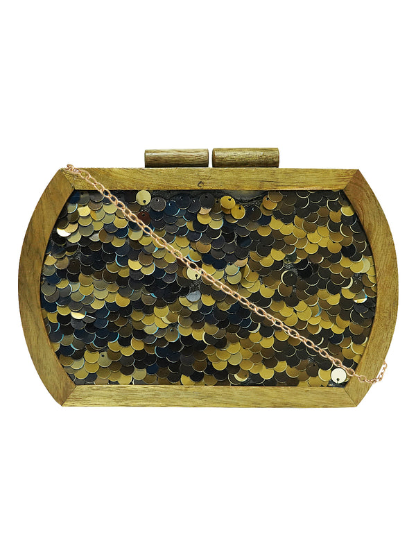 HORRA SEQUIN WORK WOODEN BOX CLUTCH GOLD WITH DETACHABLE CHAIN