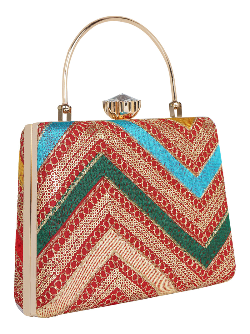 HORRA MULTICOLOR ZIG ZAG PARTY CLUTCH WITH HANDLE AND DETACHABLE CHAIN SLING