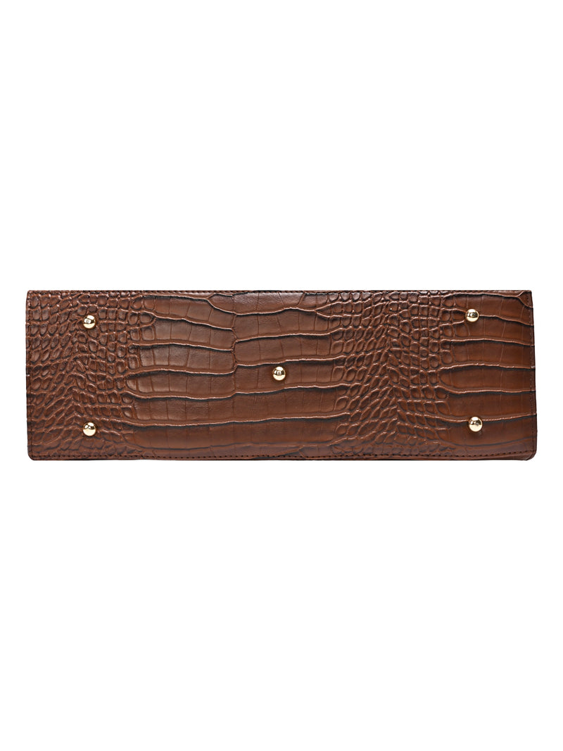 Horra Structured Croco Handbag with Detachable Sling Strap - Brown