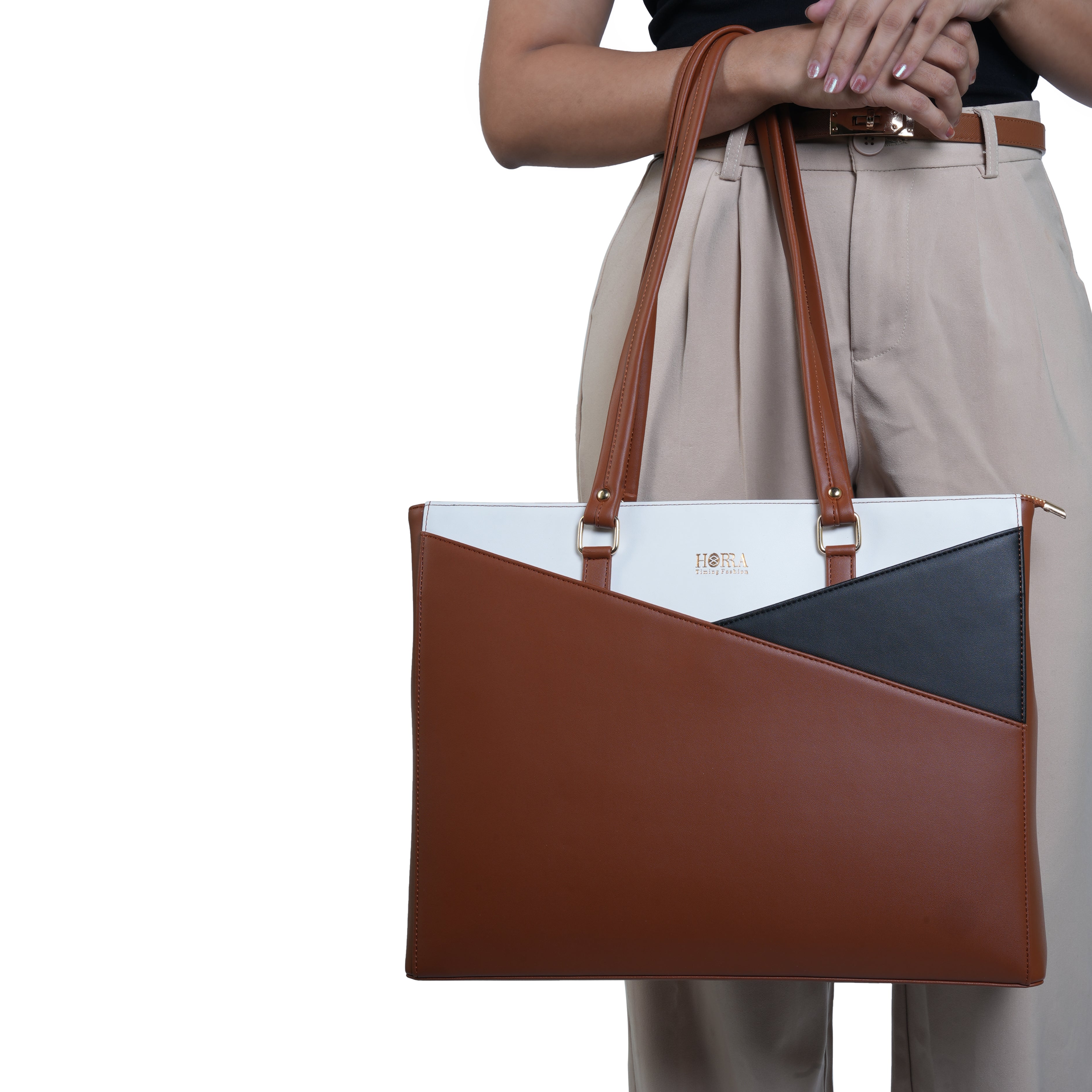 HORRA Vegan Leather 14 Inch Laptop Tote Bag For Women Office Use With Padded Laptop Compartment