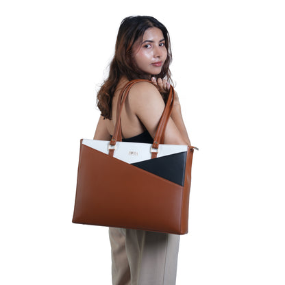 HORRA Vegan Leather 14 Inch Laptop Tote Bag For Women Office Use With Padded Laptop Compartment