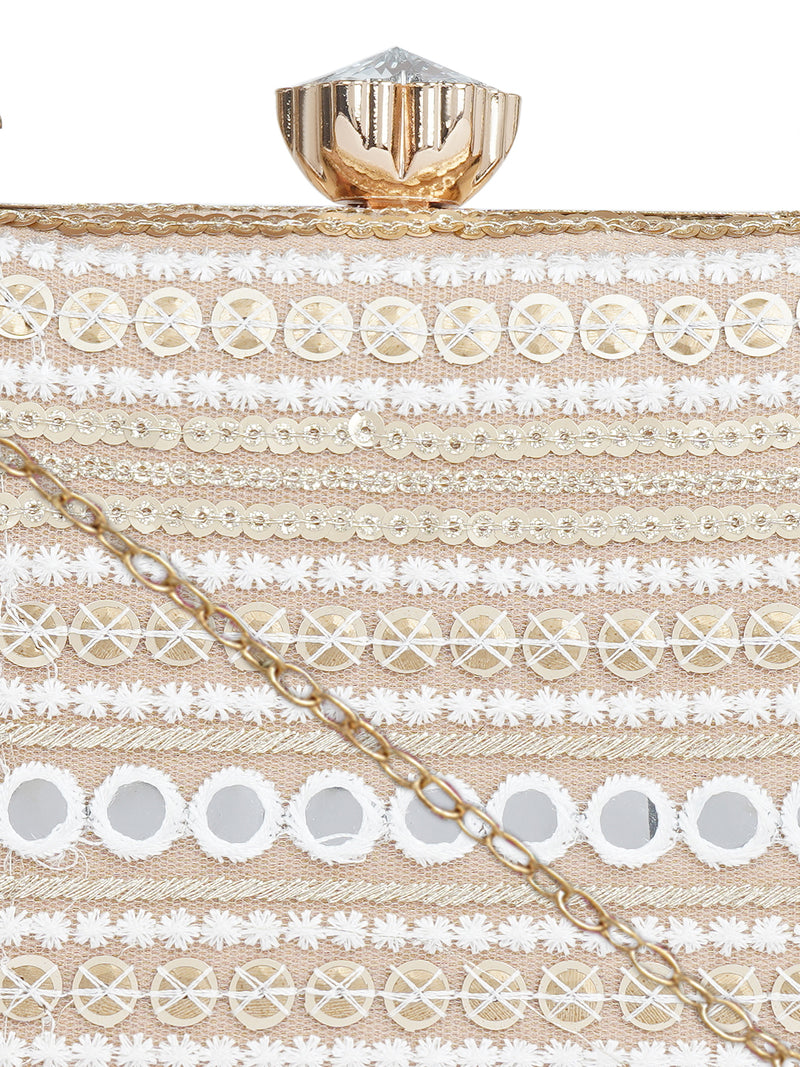 HORRA SEQUIN EMBROIDERY AND MIRROR WORK PARTY CLUTCH WITH HANDLE AND DETACHABLE CHAIN SLING
